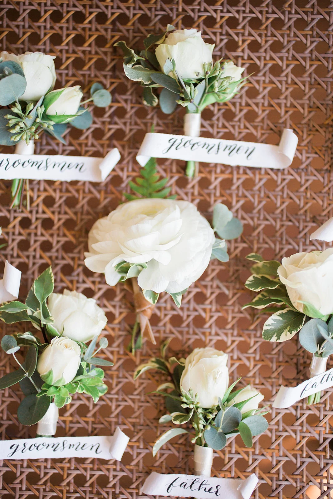 Simple white rose and ranunculus boutonnieres | Darlington House, La Jolla | Compass Floral | Wedding Florist in San Diego and Southern California | My Sun and Stars Co. Photography