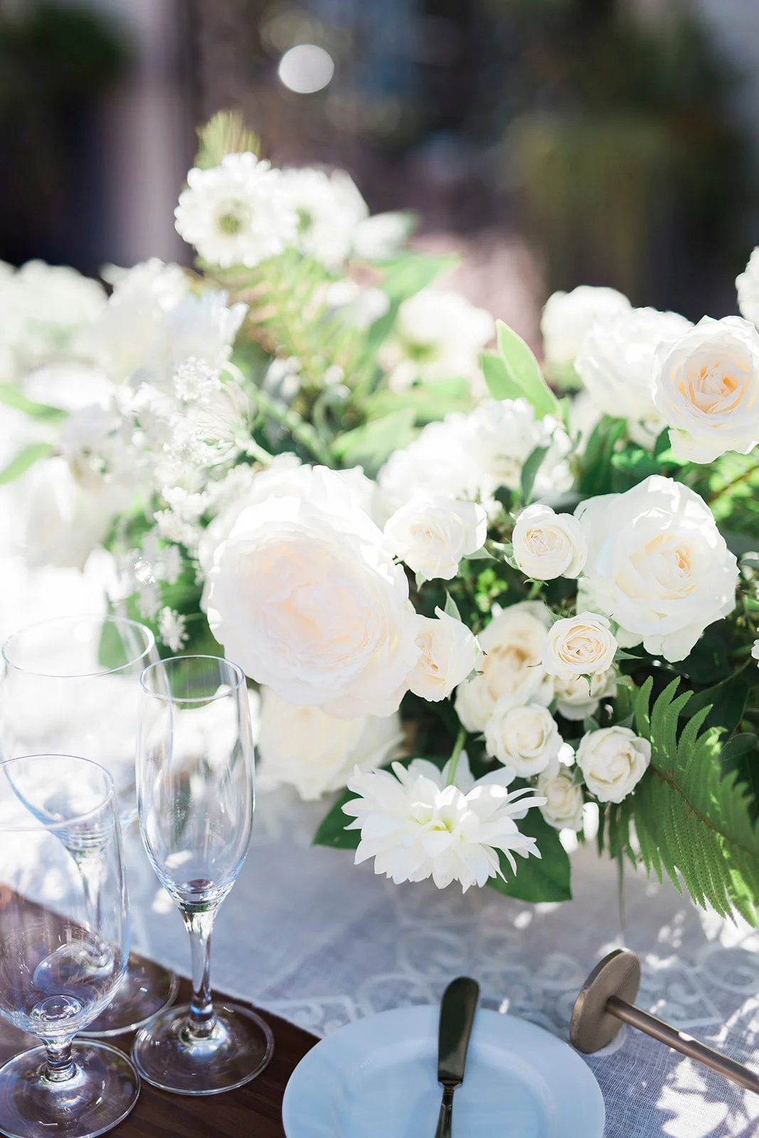 Elegant white centerpiece, rose, dahlia, ranunculus, fern | Darlington House, La Jolla | Compass Floral | Wedding Florist in San Diego and Southern California | My Sun and Stars Co. Photography