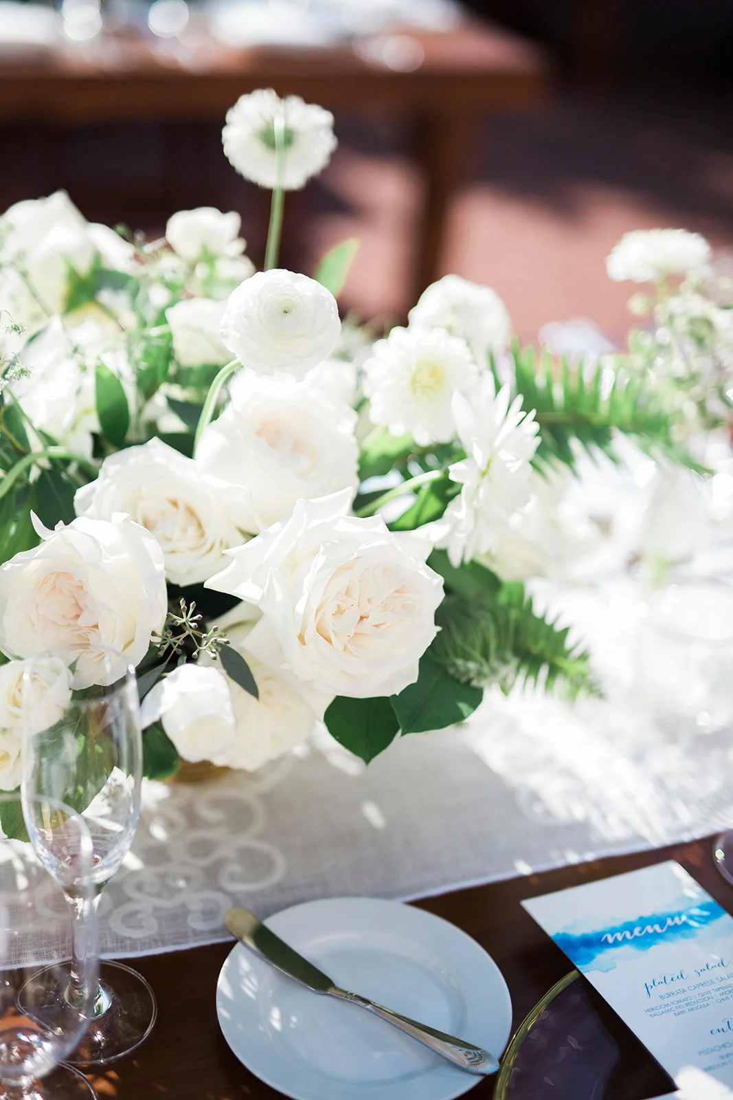 Elegant white centerpiece, rose, dahlia, ranunculus, fern | Darlington House, La Jolla | Compass Floral | Wedding Florist in San Diego and Southern California | My Sun and Stars Co. Photography