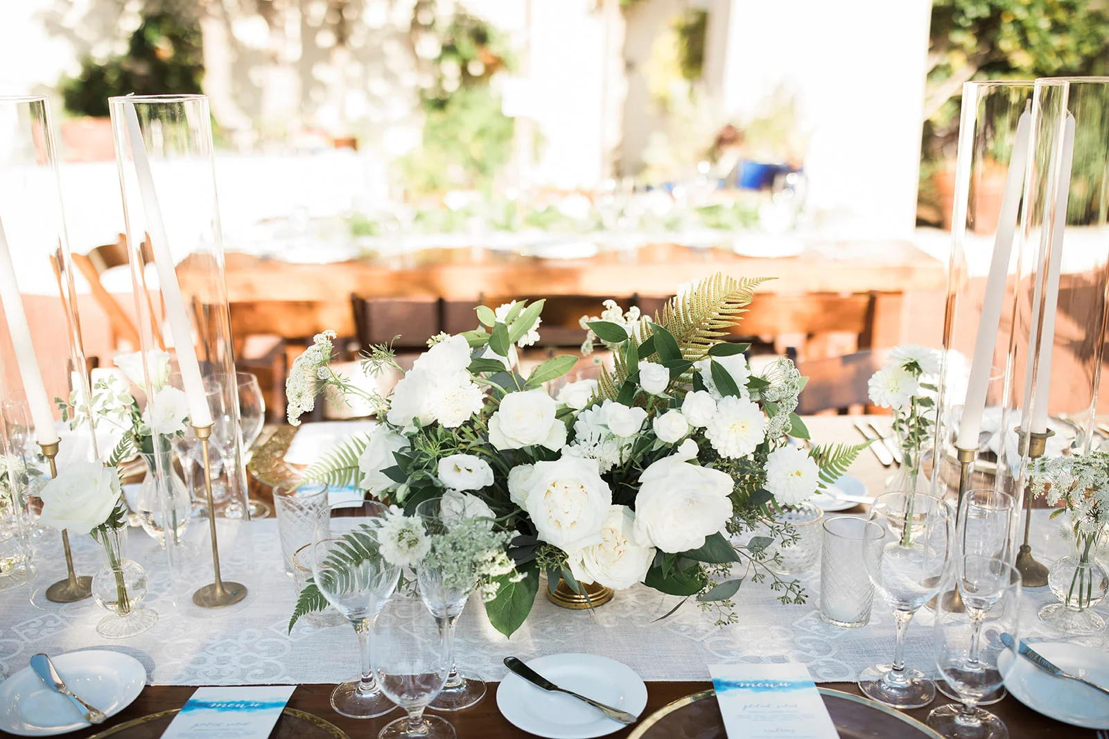 Elegant white centerpiece, rose, dahlia, ranunculus, fern | Darlington House, La Jolla | Compass Floral | Wedding Florist in San Diego and Southern California | My Sun and Stars Co. Photography