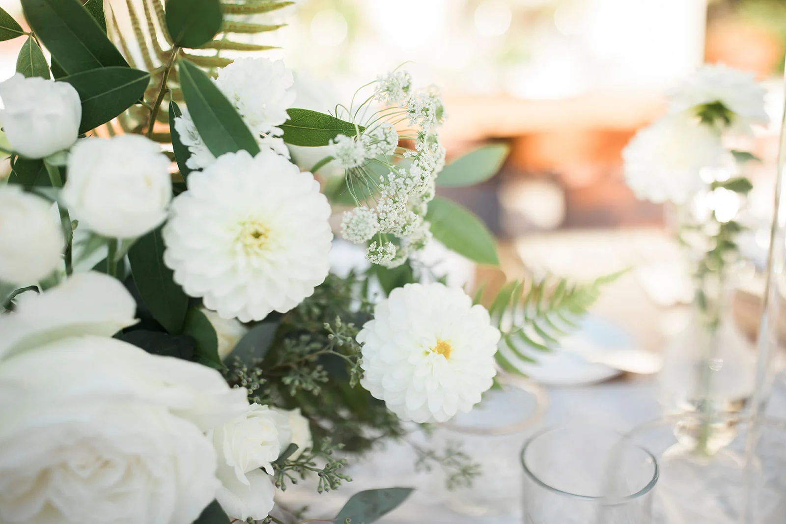 Elegant white centerpiece, rose, dahlia, ranunculus, fern | Darlington House, La Jolla | Compass Floral | Wedding Florist in San Diego and Southern California | My Sun and Stars Co. Photography