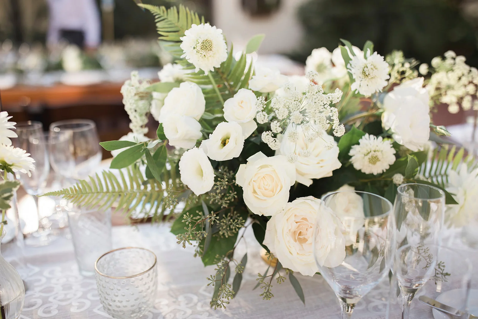 Elegant white centerpiece, rose, dahlia, ranunculus, fern | Darlington House, La Jolla | Compass Floral | Wedding Florist in San Diego and Southern California | My Sun and Stars Co. Photography