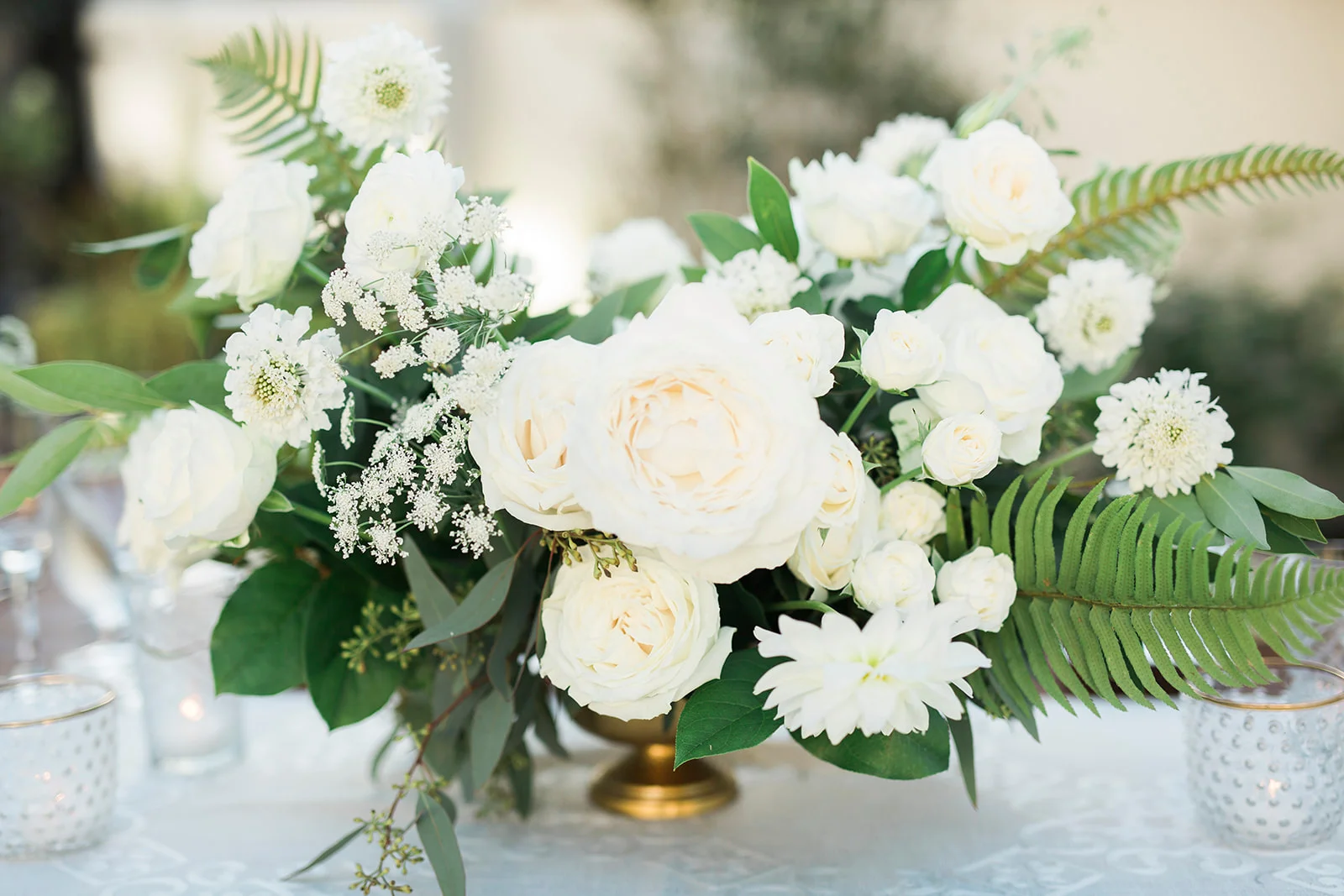 Elegant white centerpiece, rose, dahlia, ranunculus, fern | Darlington House, La Jolla | Compass Floral | Wedding Florist in San Diego and Southern California | My Sun and Stars Co. Photography