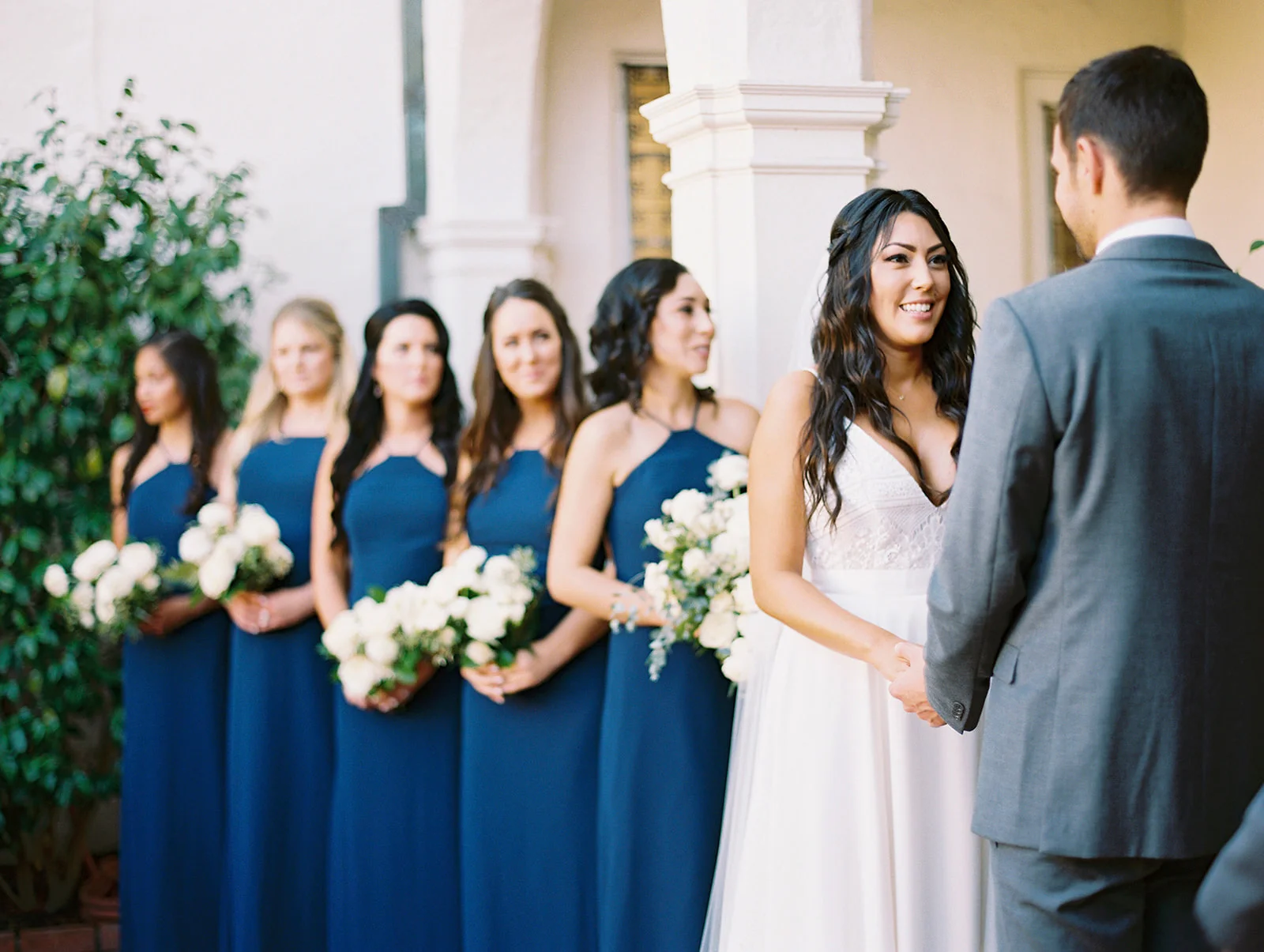 Bridesmaids in blue, white bouquets, elegant wedding | Darlington House, La Jolla | Compass Floral | Wedding Florist in San Diego and Southern California | My Sun and Stars Co. Photography
