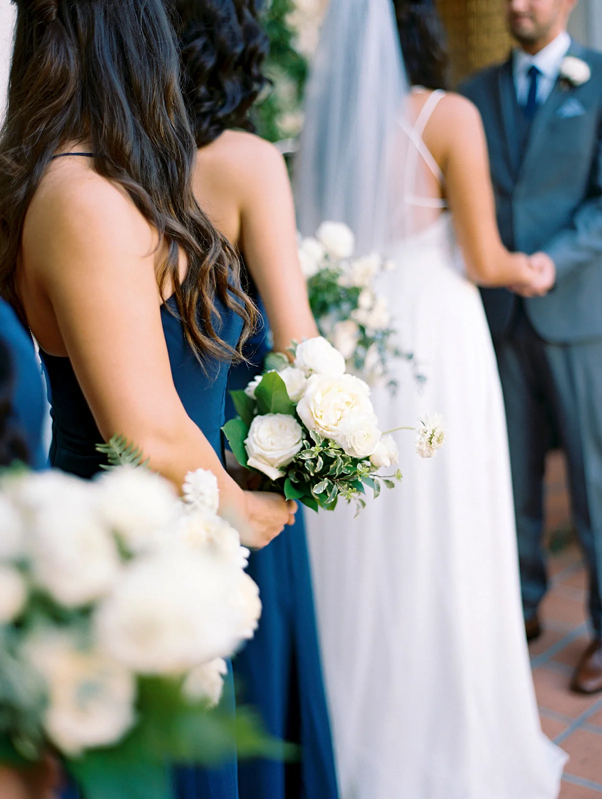 Bridesmaids in blue with white bouquets | Darlington House, La Jolla | Compass Floral | Wedding Florist in San Diego and Southern California | My Sun and Stars Co. Photography