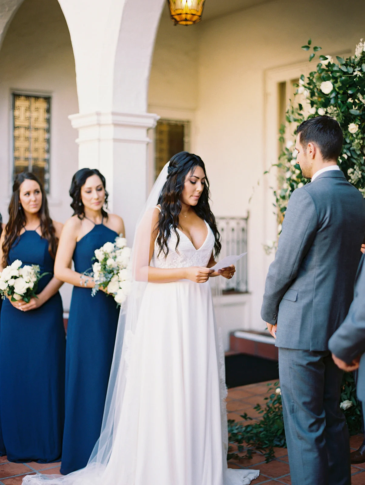Bridesmaids in blue with white bouquets | Darlington House, La Jolla | Compass Floral | Wedding Florist in San Diego and Southern California | My Sun and Stars Co. Photography