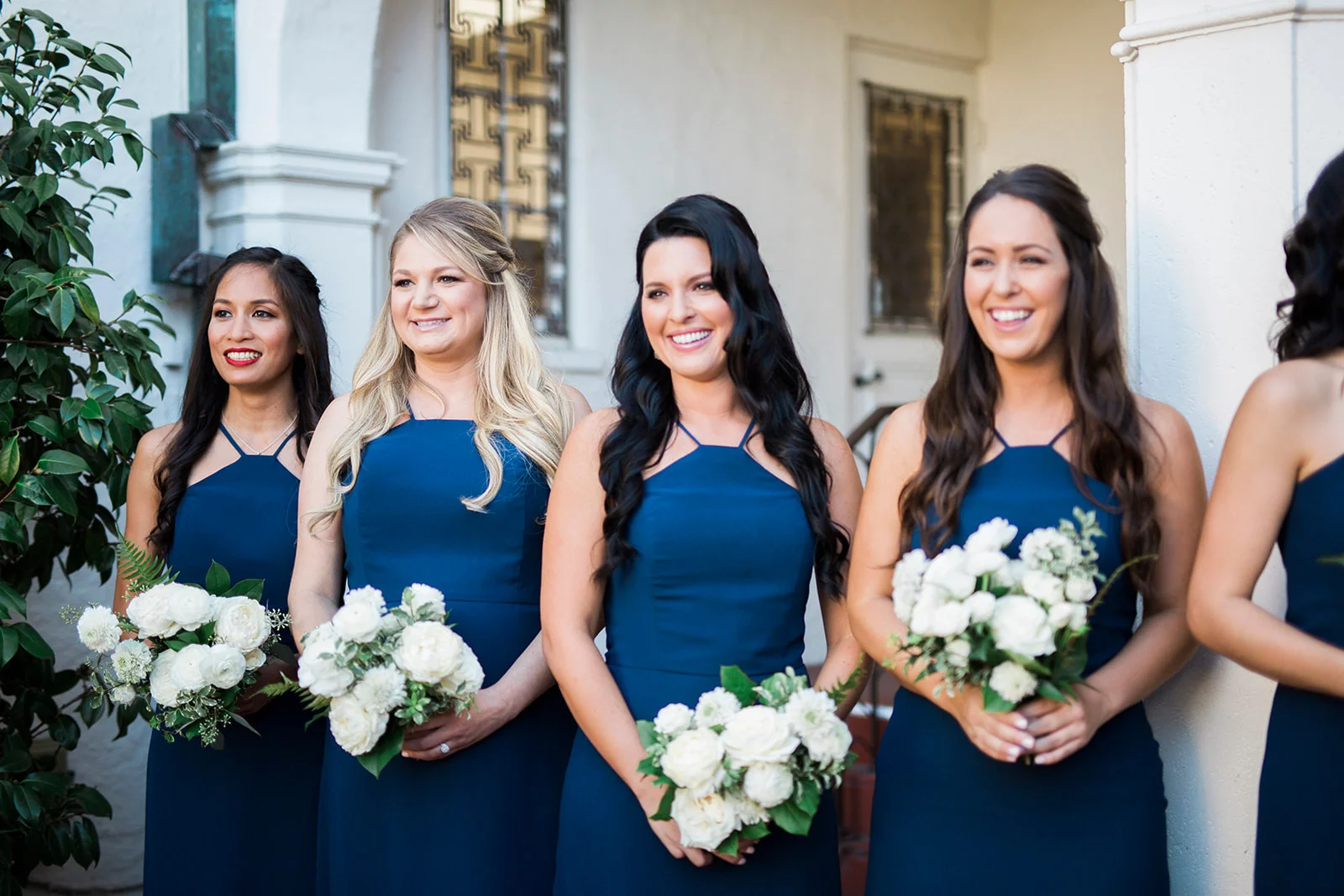 Bridesmaids in blue with white bouquets | Darlington House, La Jolla | Compass Floral | Wedding Florist in San Diego and Southern California | My Sun and Stars Co. Photography