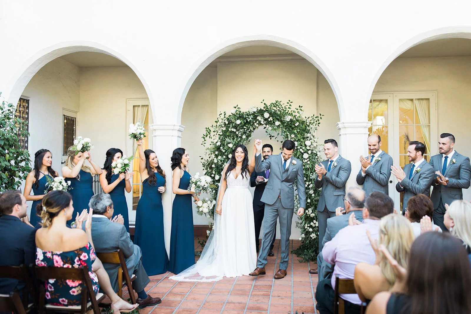 Bridesmaids in blue, groomsmen in gray, elegant wedding | Darlington House, La Jolla | Compass Floral | Wedding Florist in San Diego and Southern California | My Sun and Stars Co. Photography