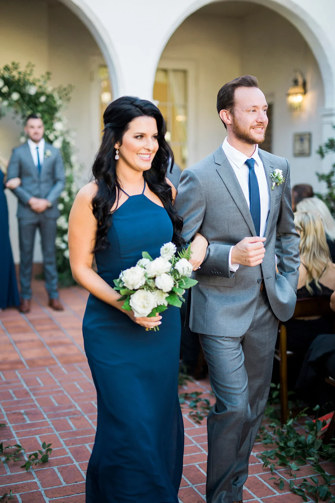 Bridesmaids in blue, groomsmen in gray, elegant wedding | Darlington House, La Jolla | Compass Floral | Wedding Florist in San Diego and Southern California | My Sun and Stars Co. Photography