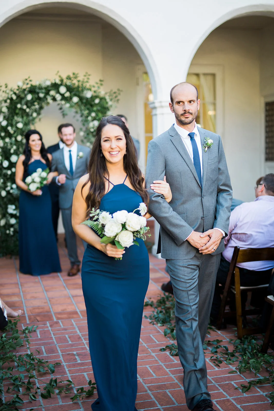 Bridesmaids in blue, groomsmen in gray, elegant wedding | Darlington House, La Jolla | Compass Floral | Wedding Florist in San Diego and Southern California | My Sun and Stars Co. Photography
