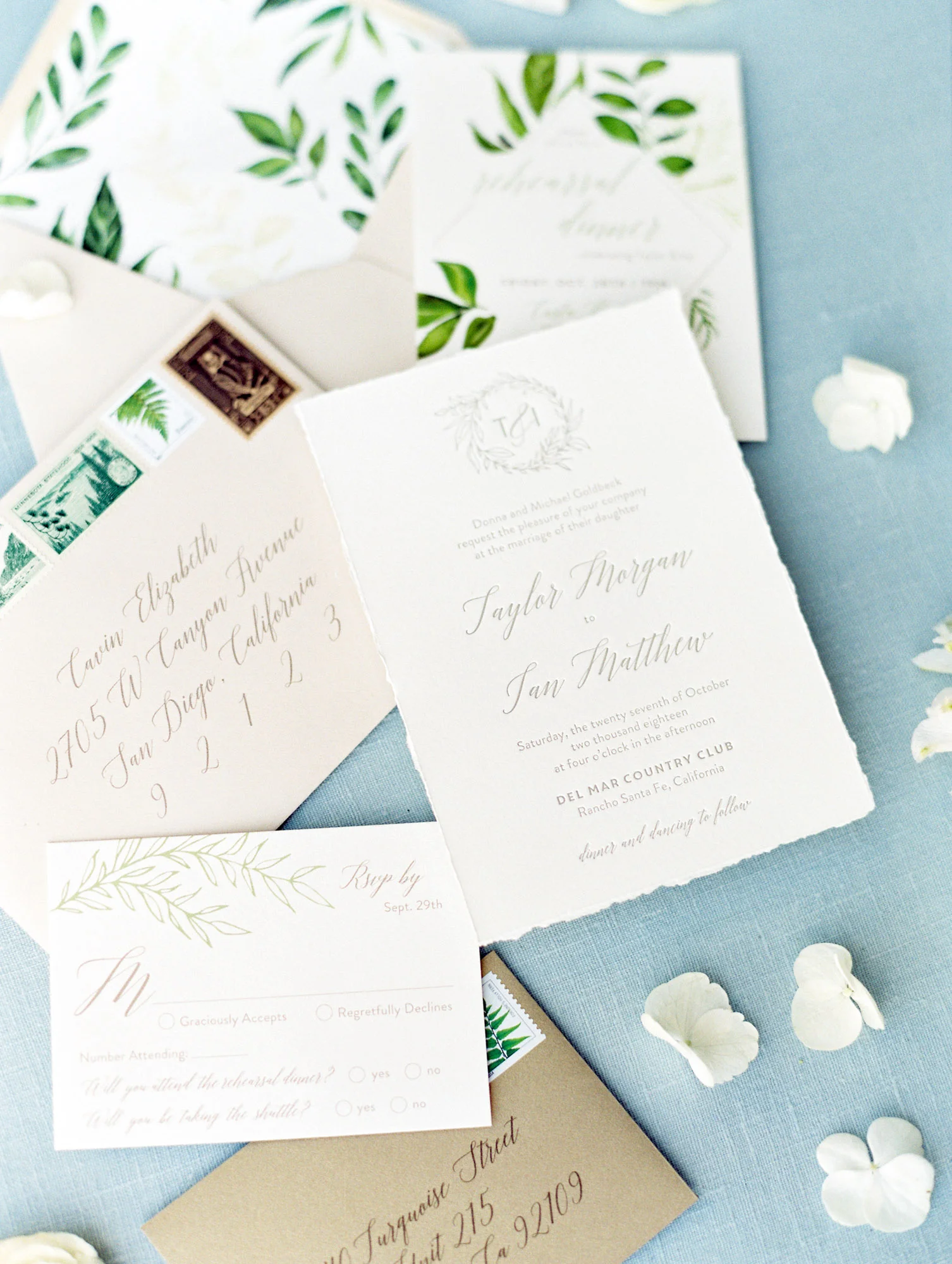 Flat lay wedding invitation styling | Del Mar Country Club | Compass Floral | Wedding Florist in San Diego and Southern California | Cavin Elizabeth Photography