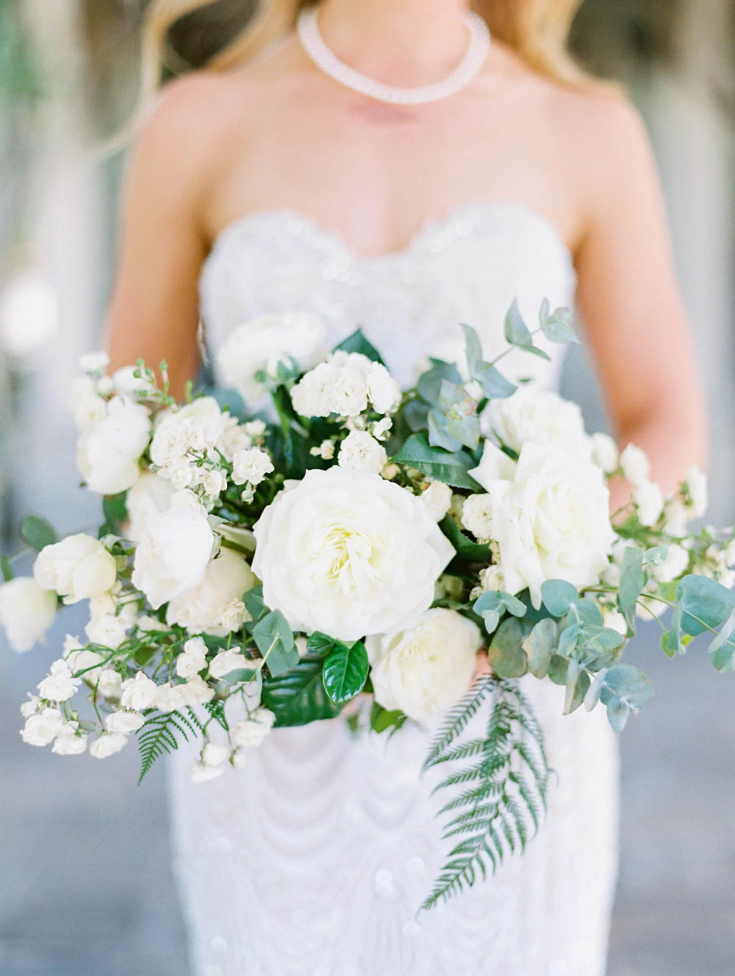 White rose and ranunculus bouquets with fern and eucalyptus | Del Mar Country Club | Compass Floral | Wedding Florist in San Diego and Southern California | Cavin Elizabeth Photography