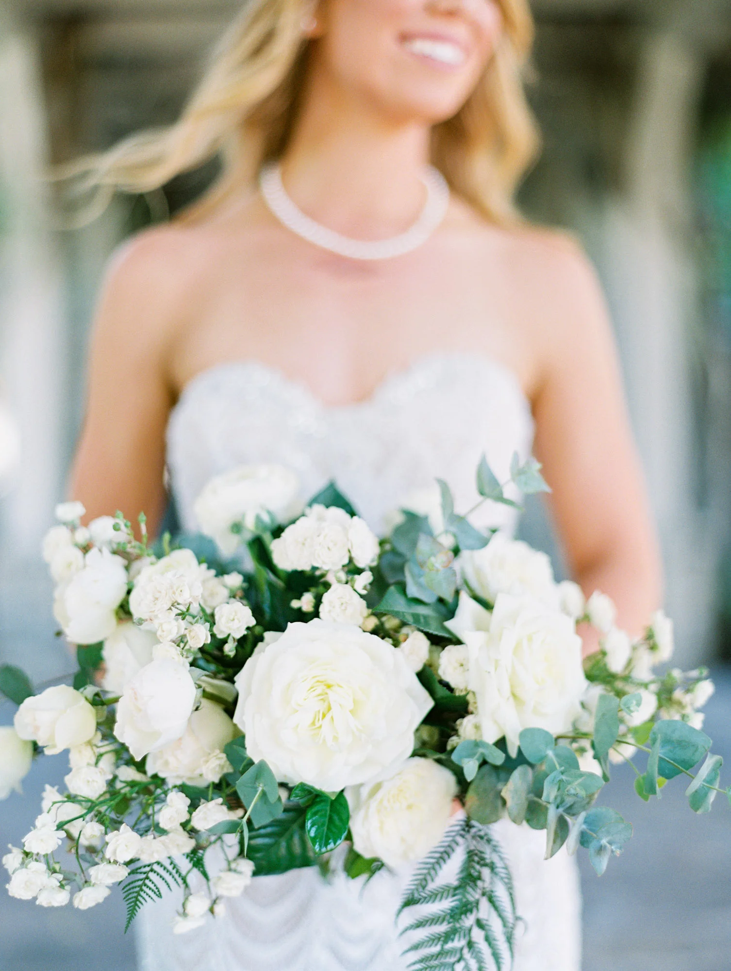 White rose and ranunculus bouquets with fern and eucalyptus | Del Mar Country Club | Compass Floral | Wedding Florist in San Diego and Southern California | Cavin Elizabeth Photography