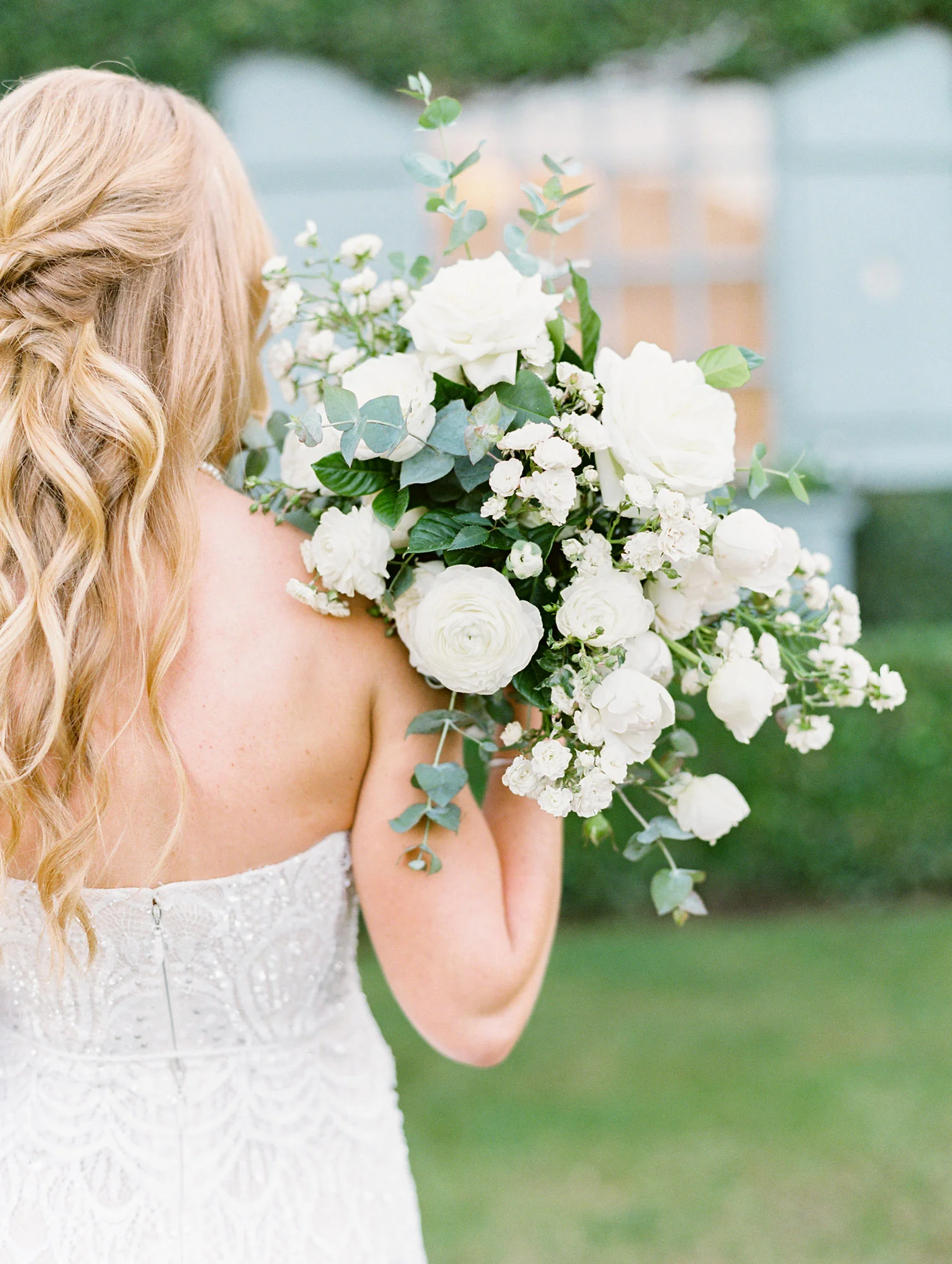 White rose, ranunculus and eucalyptus bridal bouquet | Del Mar Country Club | Compass Floral | Wedding Florist in San Diego and Southern California | Cavin Elizabeth Photography