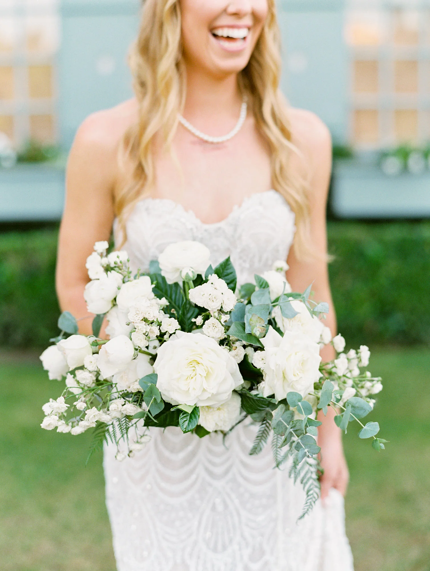White rose, ranunculus and eucalyptus bridal bouquet | Del Mar Country Club | Compass Floral | Wedding Florist in San Diego and Southern California | Cavin Elizabeth Photography