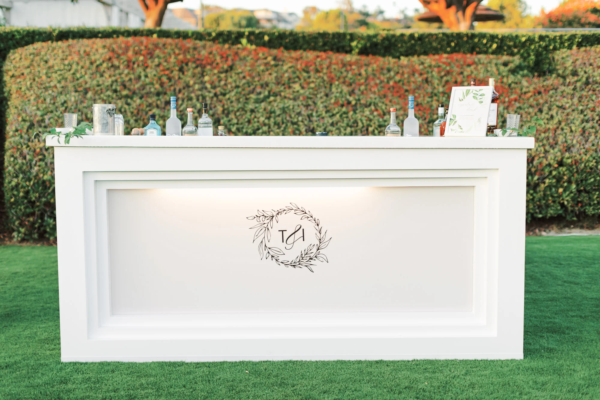 Custom monogrammed bar for wedding reception | Del Mar Country Club | Compass Floral | Wedding Florist in San Diego and Southern California | Cavin Elizabeth Photography