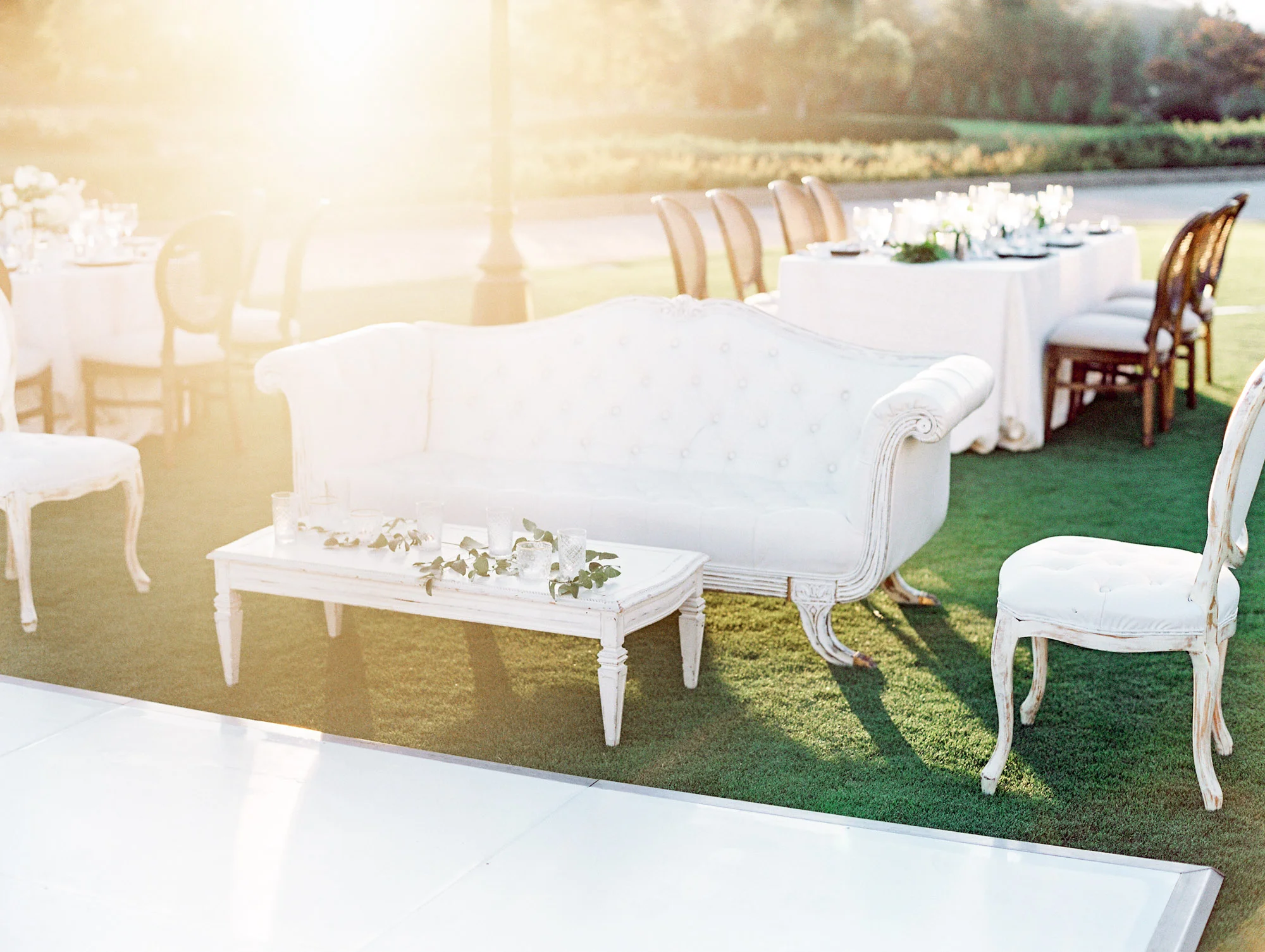 White lounge for wedding reception | Del Mar Country Club | Compass Floral | Wedding Florist in San Diego and Southern California | Cavin Elizabeth Photography