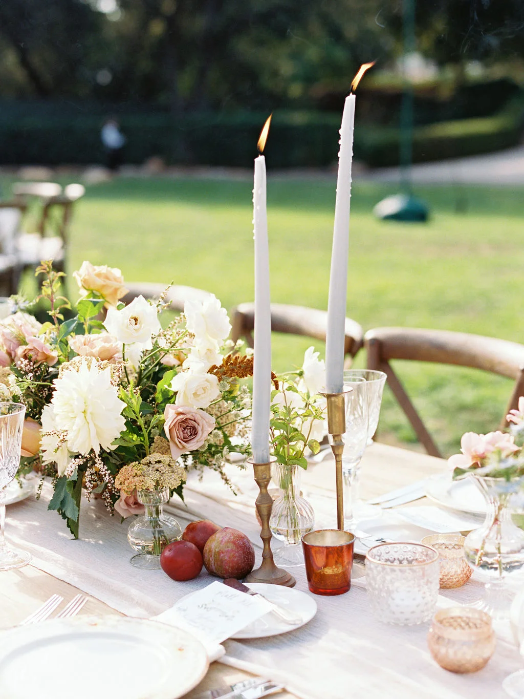 Gray taper candles with brass candlesticks | Ojai Valley Inn | Compass Floral | Wedding Florist in San Diego and Southern California | Ryan Ray Photography