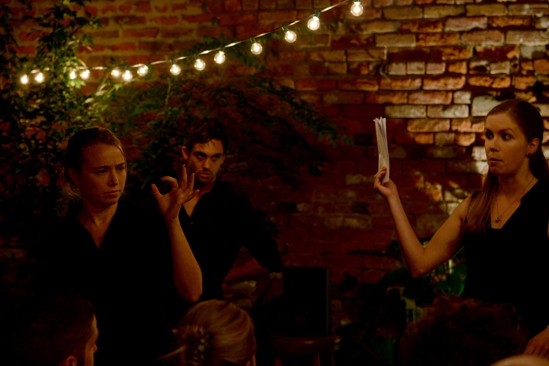 Shannon Flaherty, Todd D'Amour, and Leslie Boles perform a scene from Numb, GRP's new show about early medicine and the development of anesthesiology. The show will premiere in November 2014.