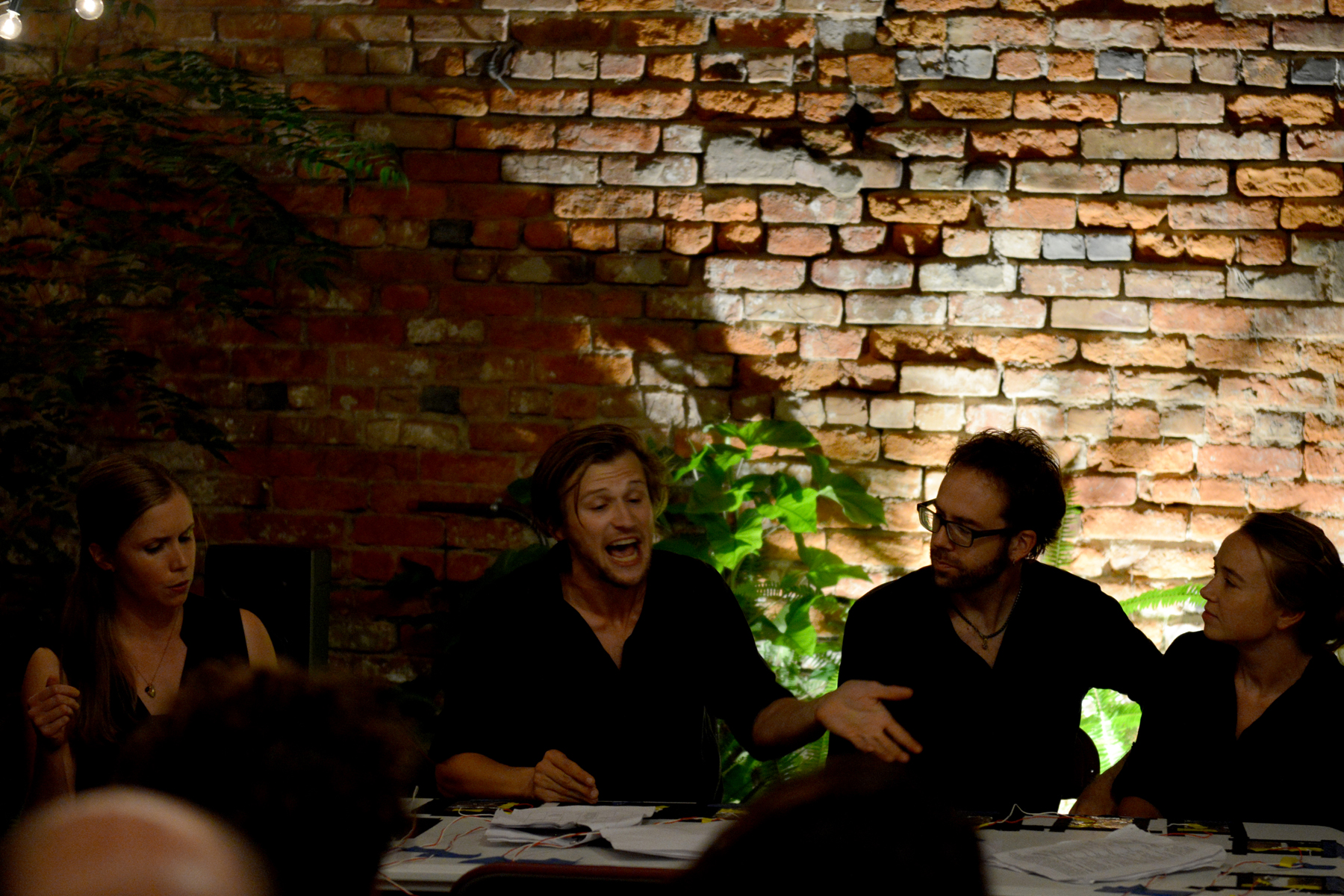 Leslie Boles, Dylan Hunter, Ian Hoch, and Shannon Flaherty perform a dinner-party scene from Numb, which will premiere in November 2014.