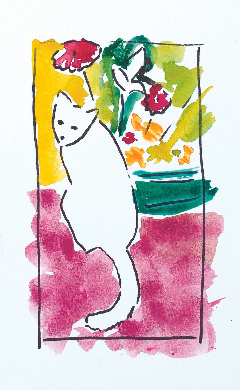 White Cat in Garden, watercolor