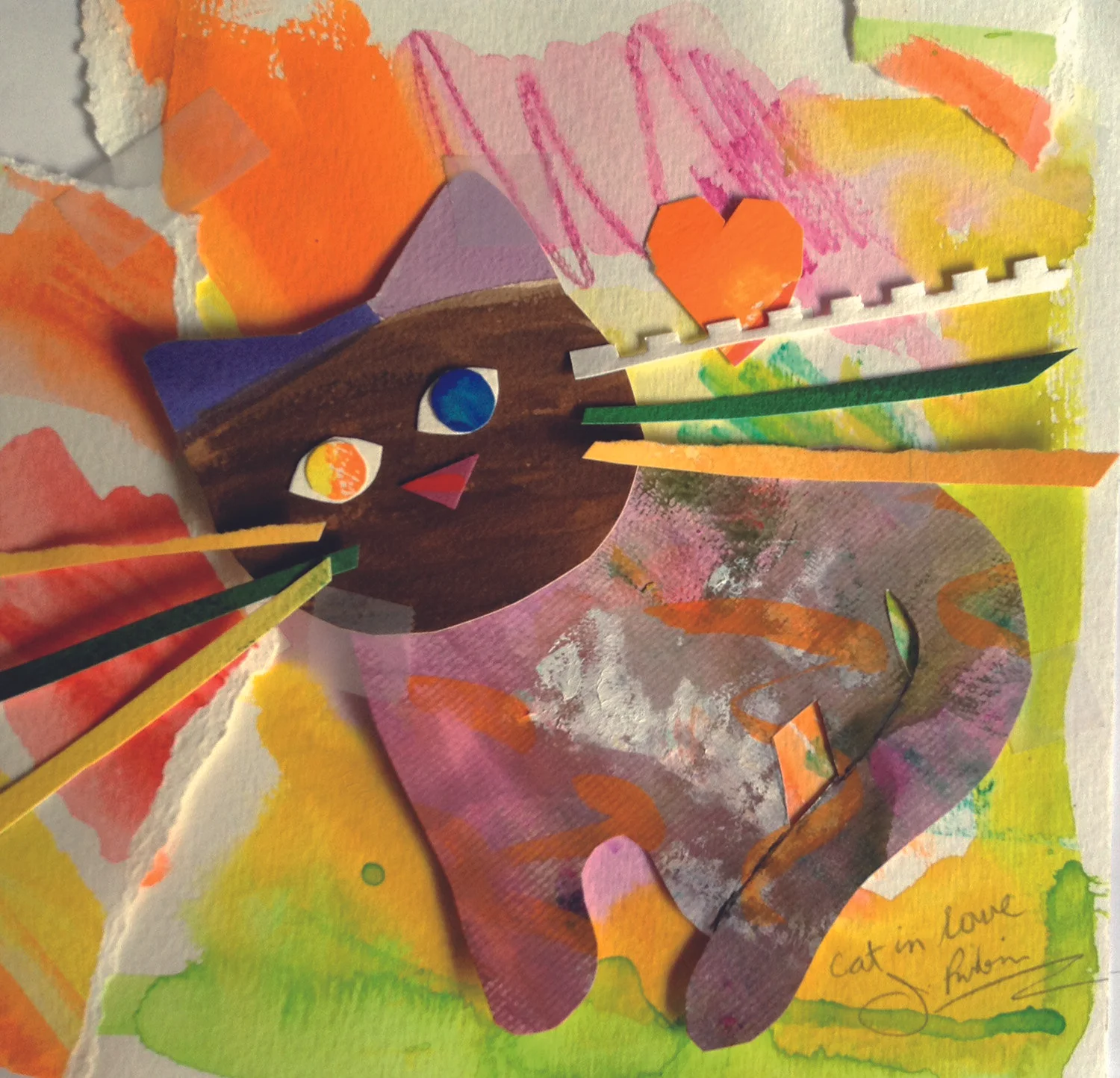 Cat in Love, mixed media collage