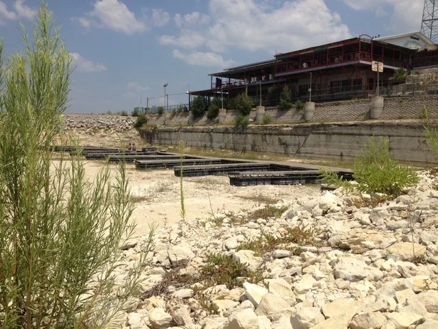 September 2013: The view from the dry lake bed of the now closed Carlos & Charlies. The drought forced their closure. 