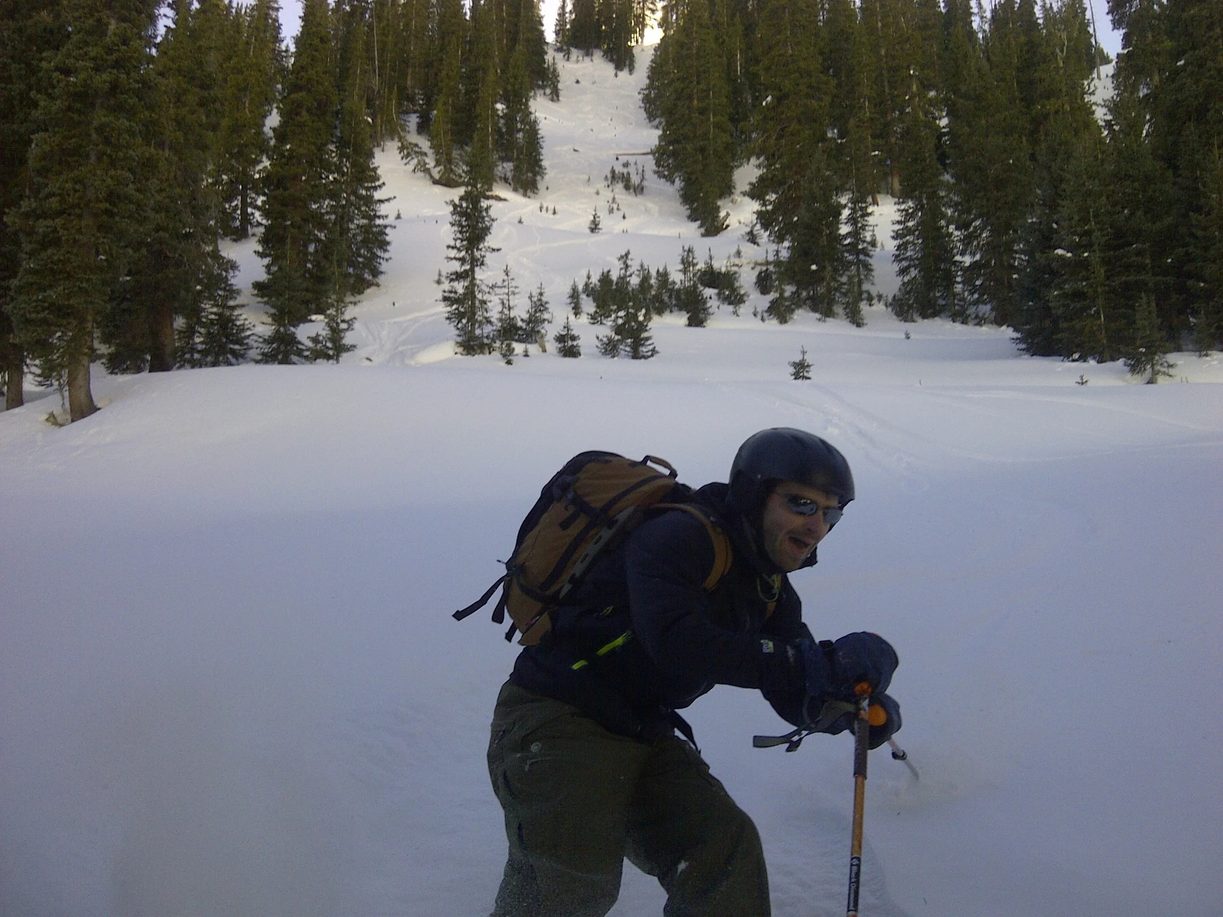 Breathing hard after an awesome powder run in the San Juan Mountains, near Red Mountain Pass and Silverton, CO