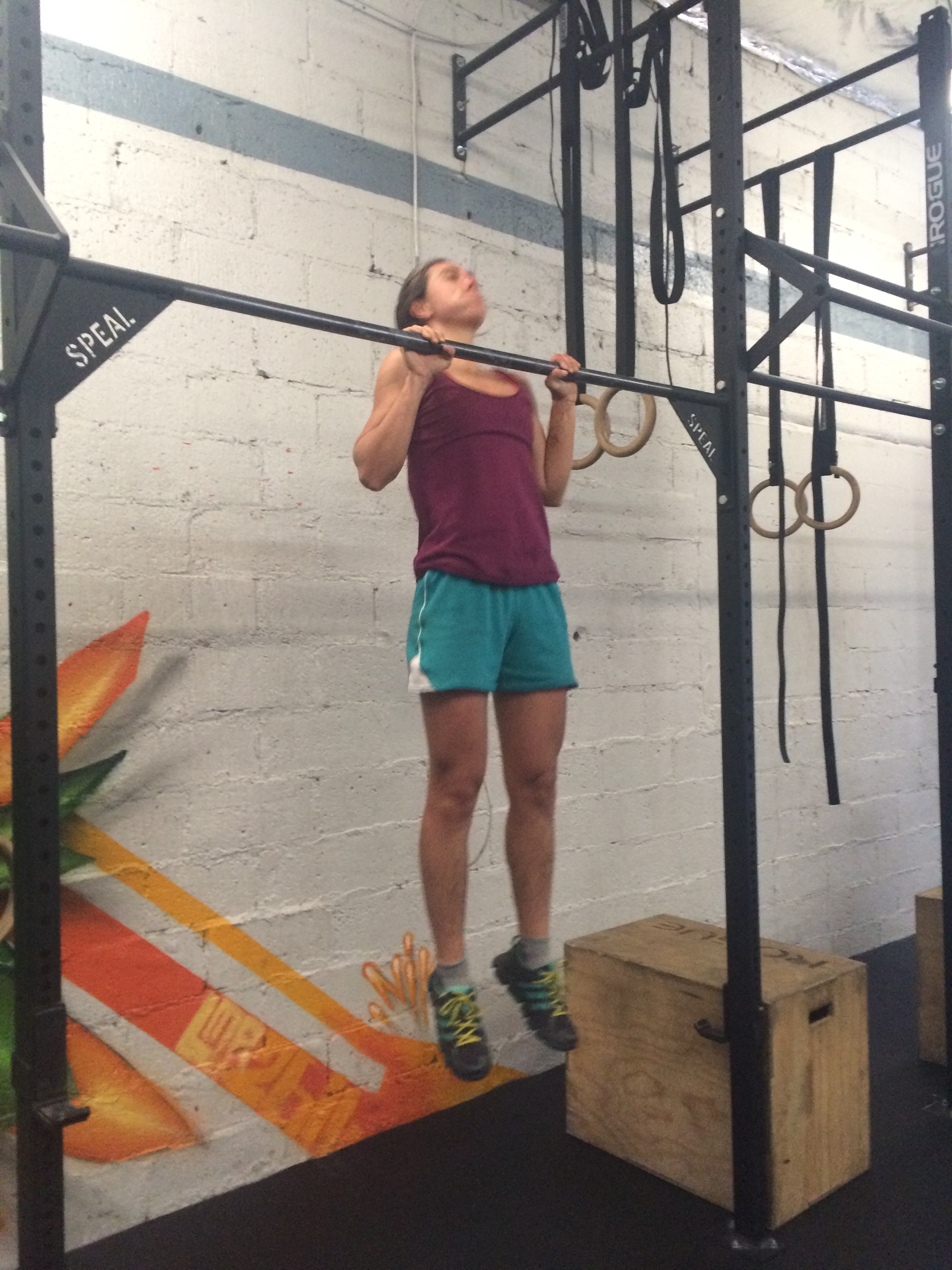 The pic does not accurately detail the true chest to bar pull ups that Mia threw down during this workout. Her accomplishments are a testament to consistency and hard work. 