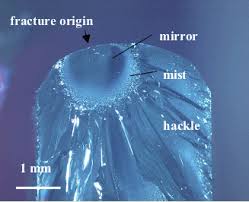 In the field of fractology (the science of how stuff breaks), “mist” and “hackle” are features of a fracture plane associated with the way cracks branch out. Though shattered glass can be unlucky or inconvenient, it may also be a source of information and beauty.