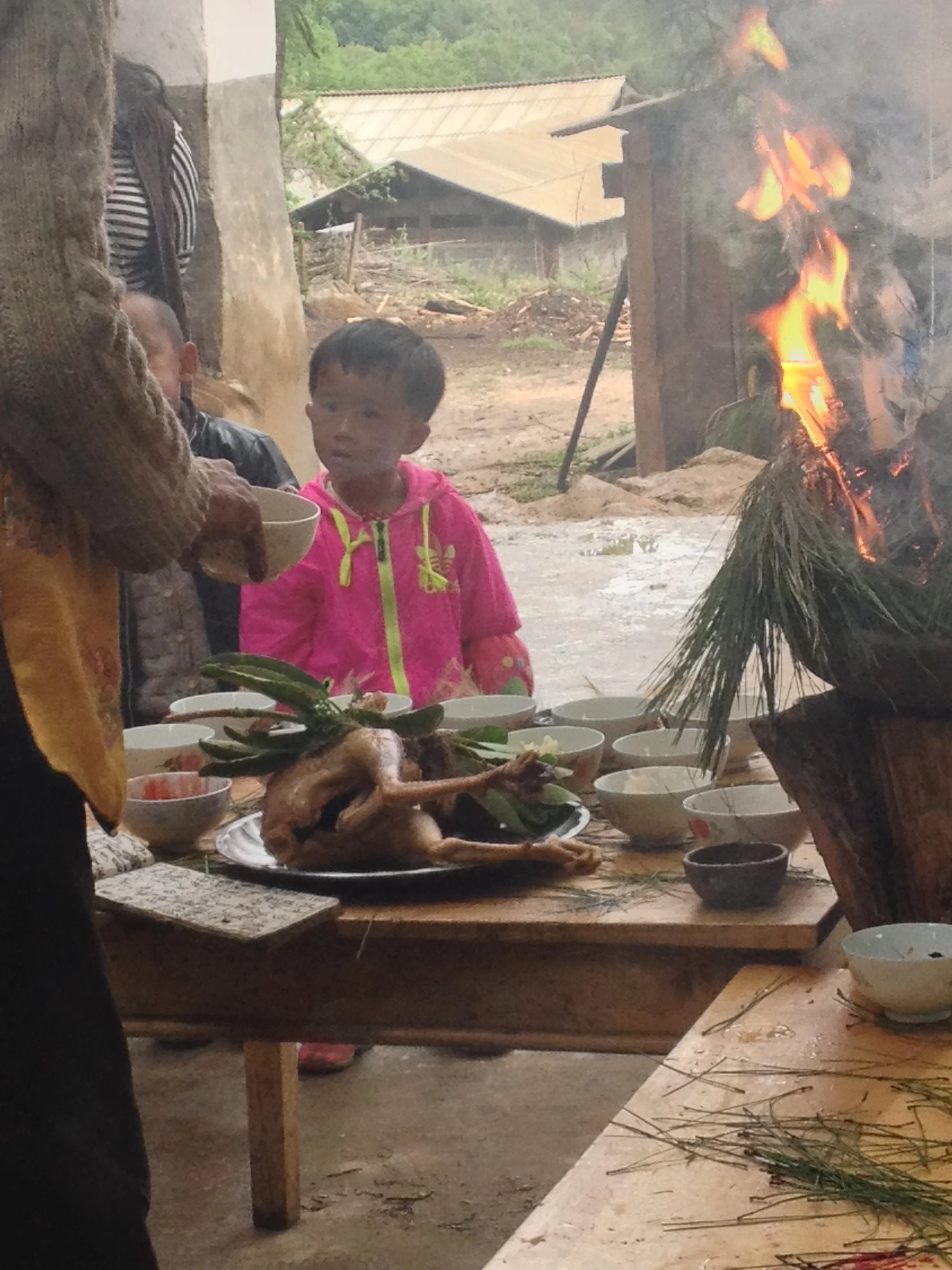 He Xiudong with slain chicken reciting from Dongba scripture