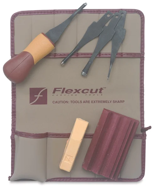 FLEXCUT LINO & RELIEF PRINTMAKING SET There are so many excellent cutters out there. I love this set because the blades are so quick and easy to swap out, and this is very affordable compared to other sets of this quality. This also comes with supplies to sharpen your blades, so you can always safely cut through the Golden-Cut Linoleum with ease.
