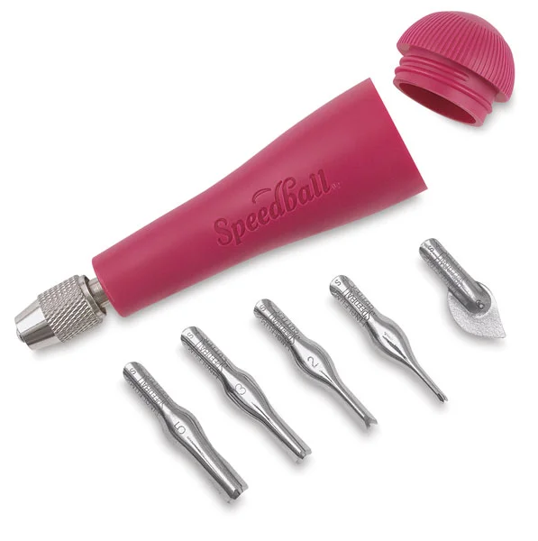 SPEEDBALL LINOLEUM CUTTER This set is what most beginners start with and for good reason! It’s very affordable and all of the blades are contained within the handle, so it’s easy to keep everything together. This works well with Blick Readycut, but switching out the blades takes a bit of time, so it’s not as convenient as the Flexcut set.
