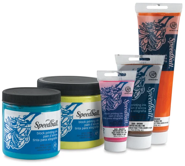 SPEEDBALL WATER SOLUBLE BLOCK PRINTING INKS I love this ink. It’s rich in color, affordable, comes in a variety of sizes, and cleans up beautifully. Since I create my own colors, I use a palette knife to mix the inks, and then store each color in a glass jar.
