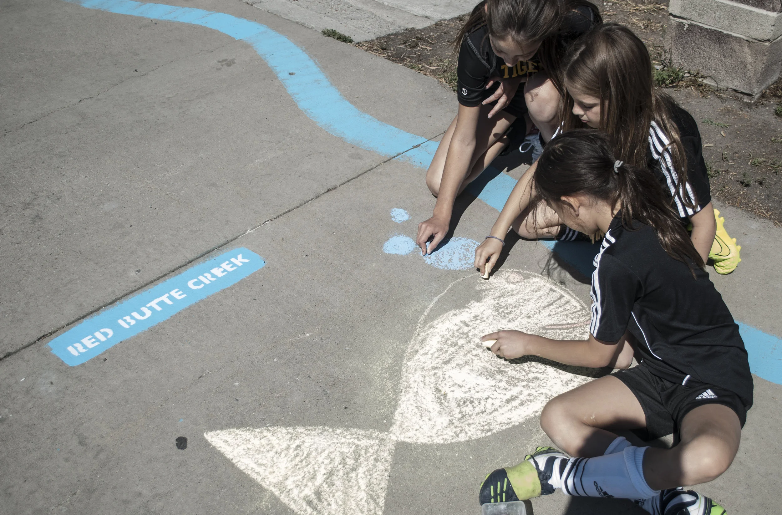 Participants draw fish within a painted creek meant to represent the combined flows of Red Butte, Emigration, and Parley's Creek during a community celebration of the Three Creeks Confluence project. 