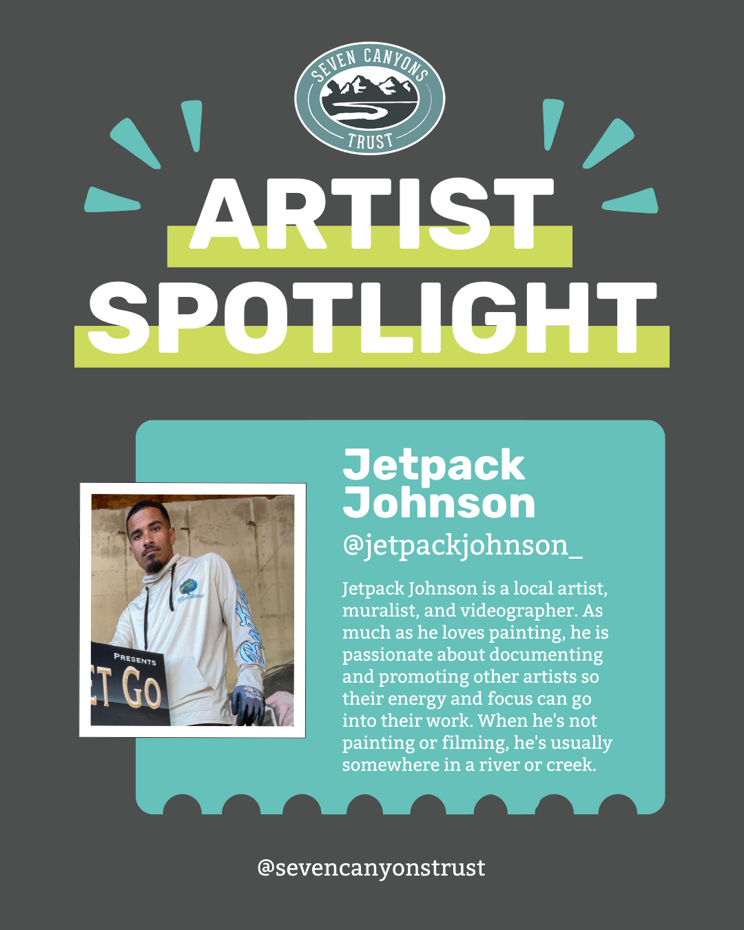  Jetpack Johnson is a local muralist, videographer, and passionate advocate for the creative community. He loves documenting and promoting other artists so their energy can stay focused on their work, but when he's not behind the camera or paintbrush