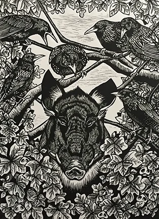 Daniella Napolitano of Little Rock earned the Juror’s Choice award for the linocut Curia Regis .