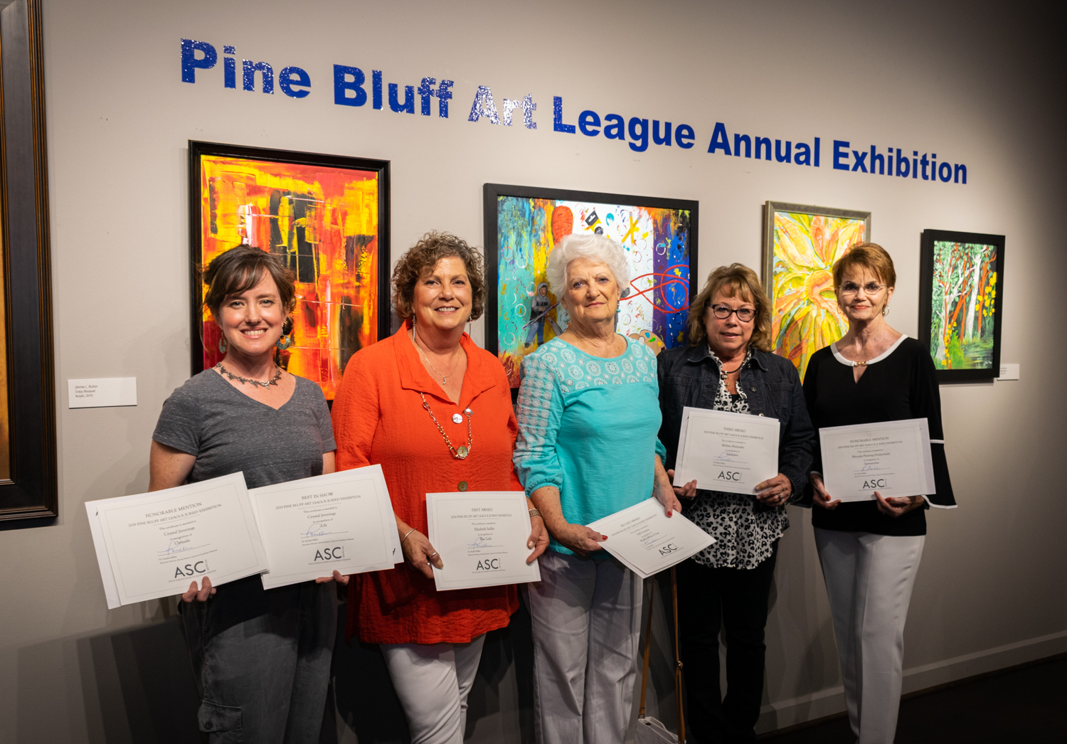  The winners of the 2019 Pine Bluff Art League Annual Exhibition are (from left) Crystal Jennings (Best in Show and Honorable Mention), Elizabeth Sadler (First Place), Dell Gorman (Second Place), Melissa Abernathy (Third Place), and Rhonda Fleming Ho