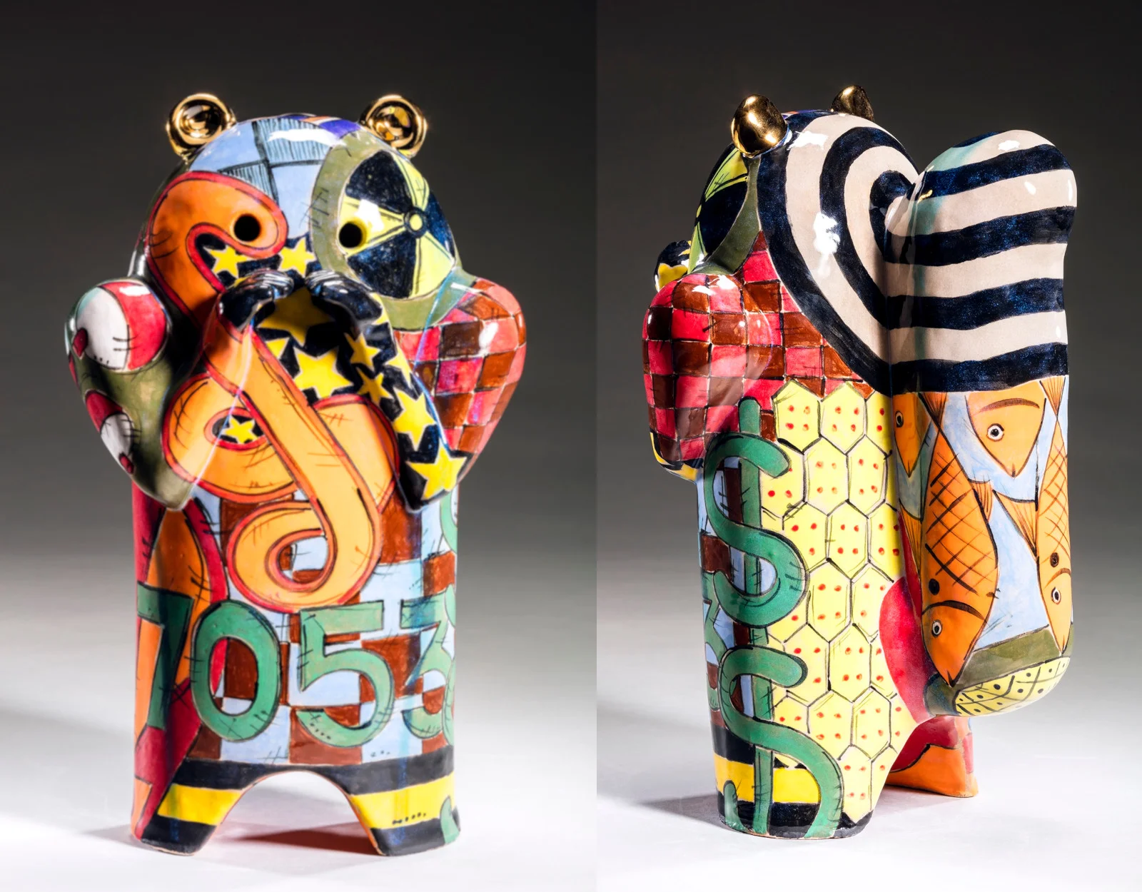 Rosa’s Squirrel by Aaron Calvert of Russellville; hand-built stoneware clay, underglaze, gold enamel; 13 inches by 8 inches by 8 inches; 2017. Photo by George Chambers.