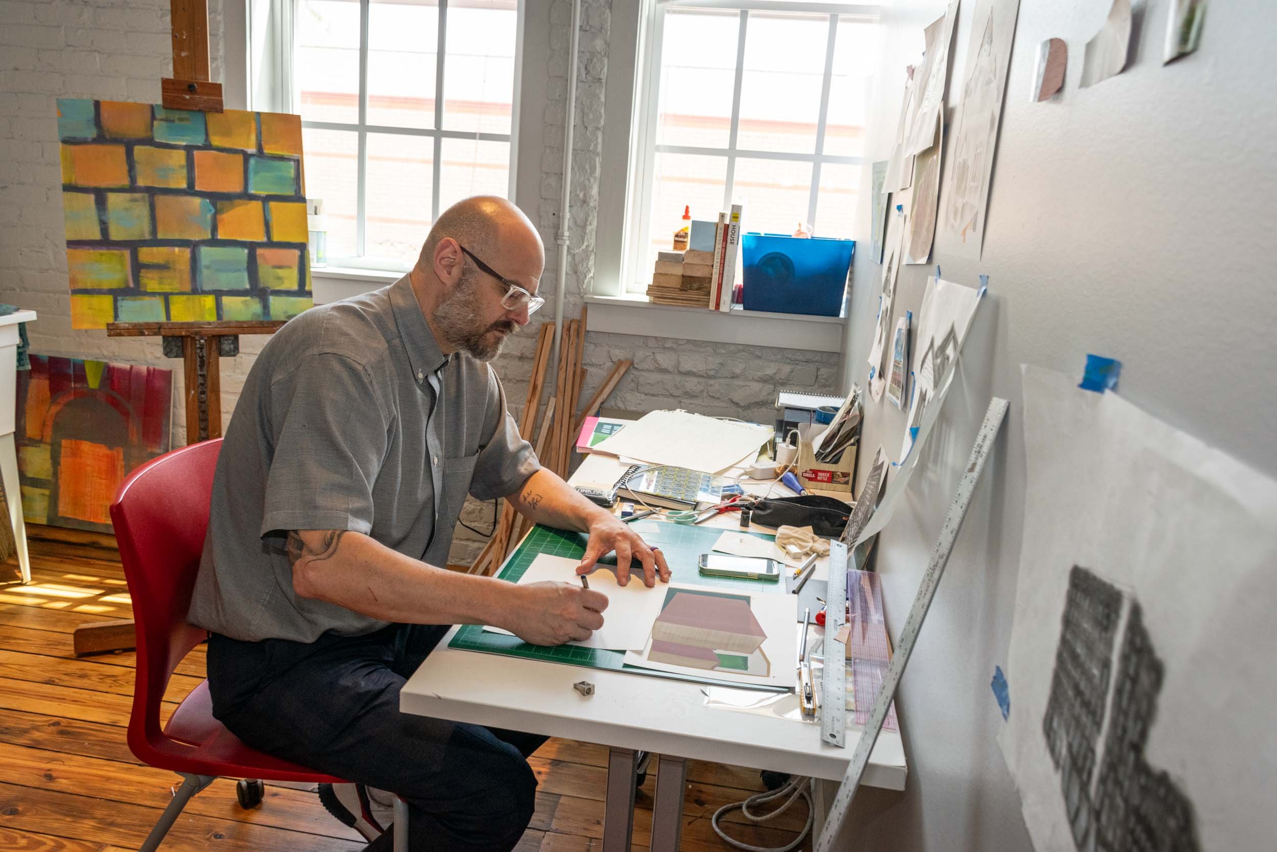 Artist Dustyn Bork in one of the studios during his summer 2023 residency