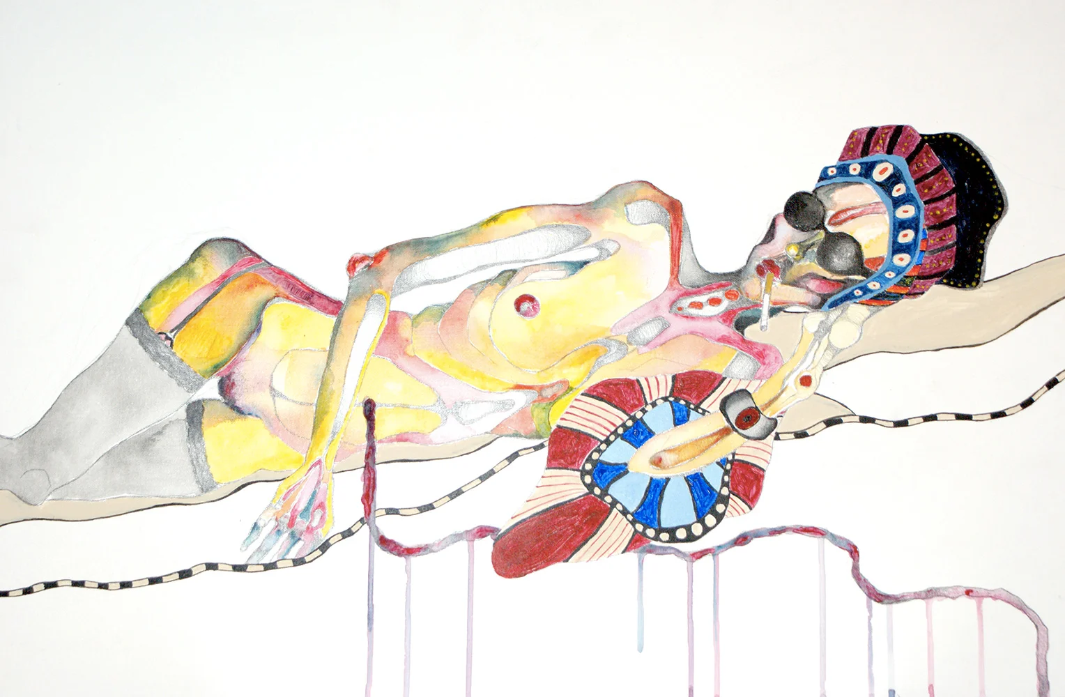The reclining strip/ basement (Soho) acrylic and graphite on canvas board 20in x 30in (2013)
