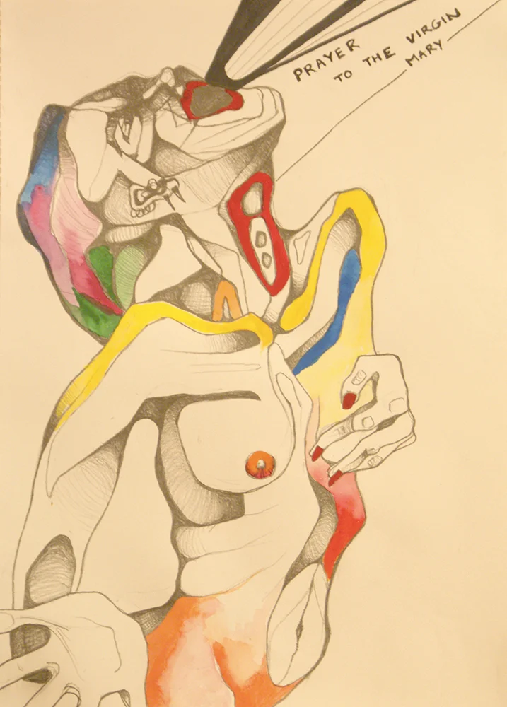 Prayer to the Virgin Mary/ Free Pussy Riot (2014) graphite and gouache on A4 cartridge paper