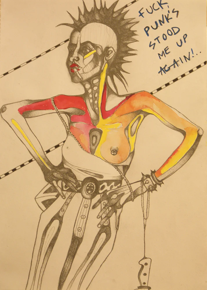 Fuck, Punk's stood me up again! (2014) graphite and gouache on A4 cartridge paper
