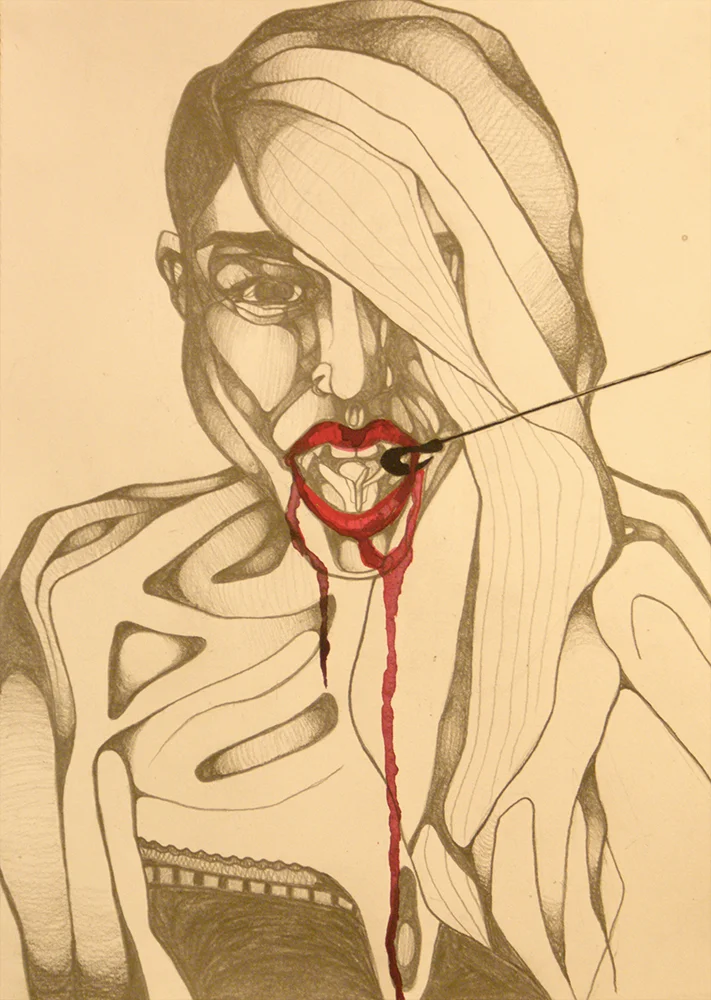 She's hooked on it/ Aphrodite (2014) graphite and gouache on A4 cartridge paper