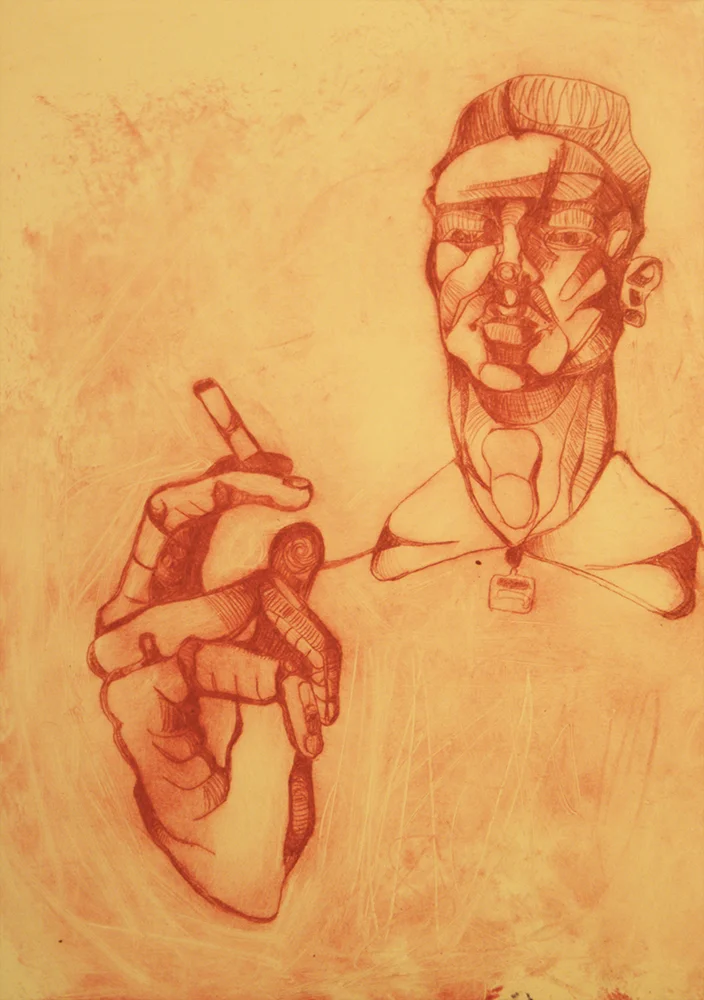 Reg with snout (Red) Drypoint print on Somerset 250gsm cream paper; etching ink (2014) A/P