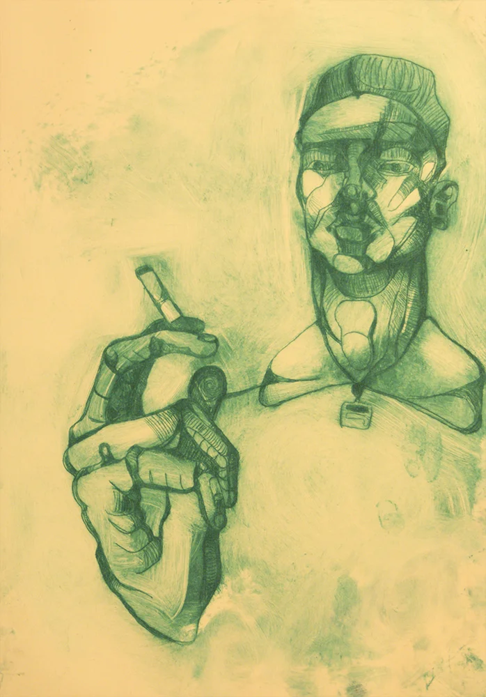 Reg with snout (emerald) Drypoint print on Somerset 250gsm cream paper; etching ink (2014) A/P