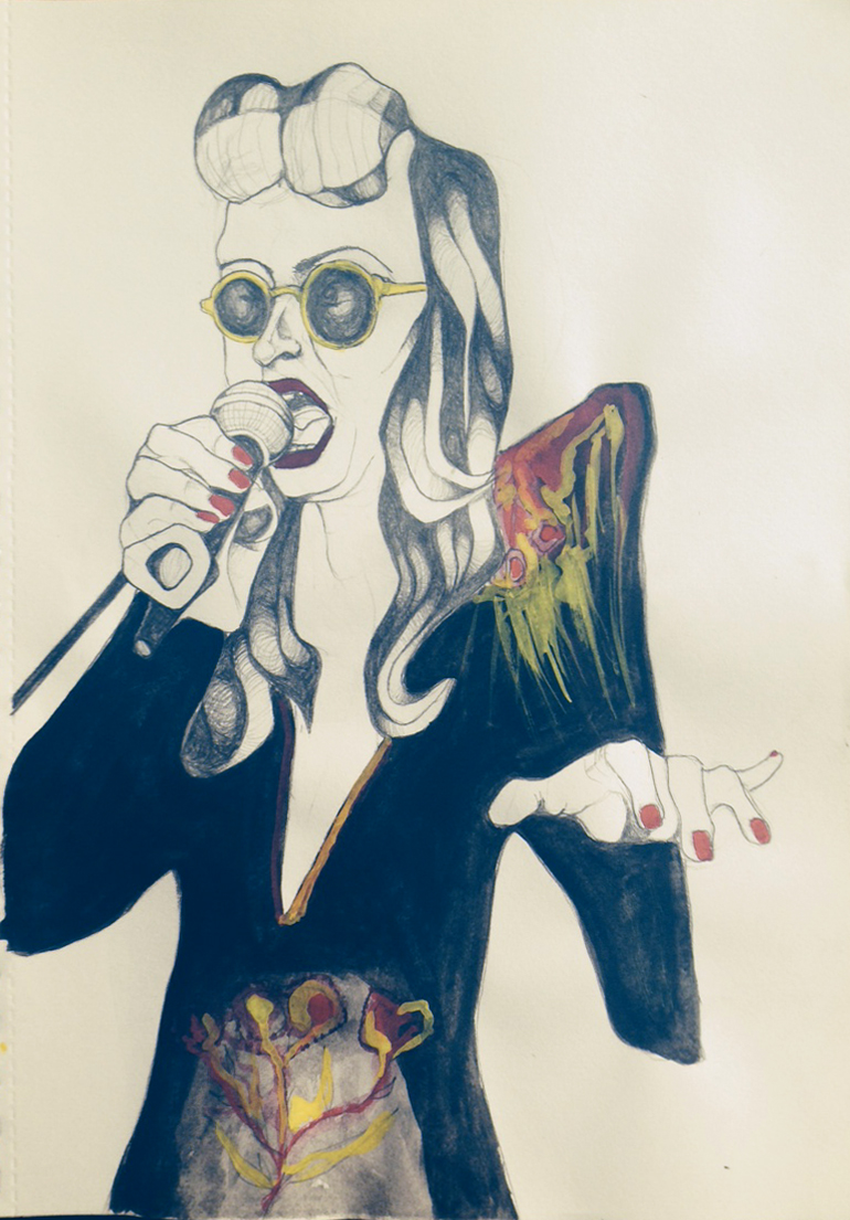 Collette in dress (2014) graphite and gouache on A4 cartridge paper