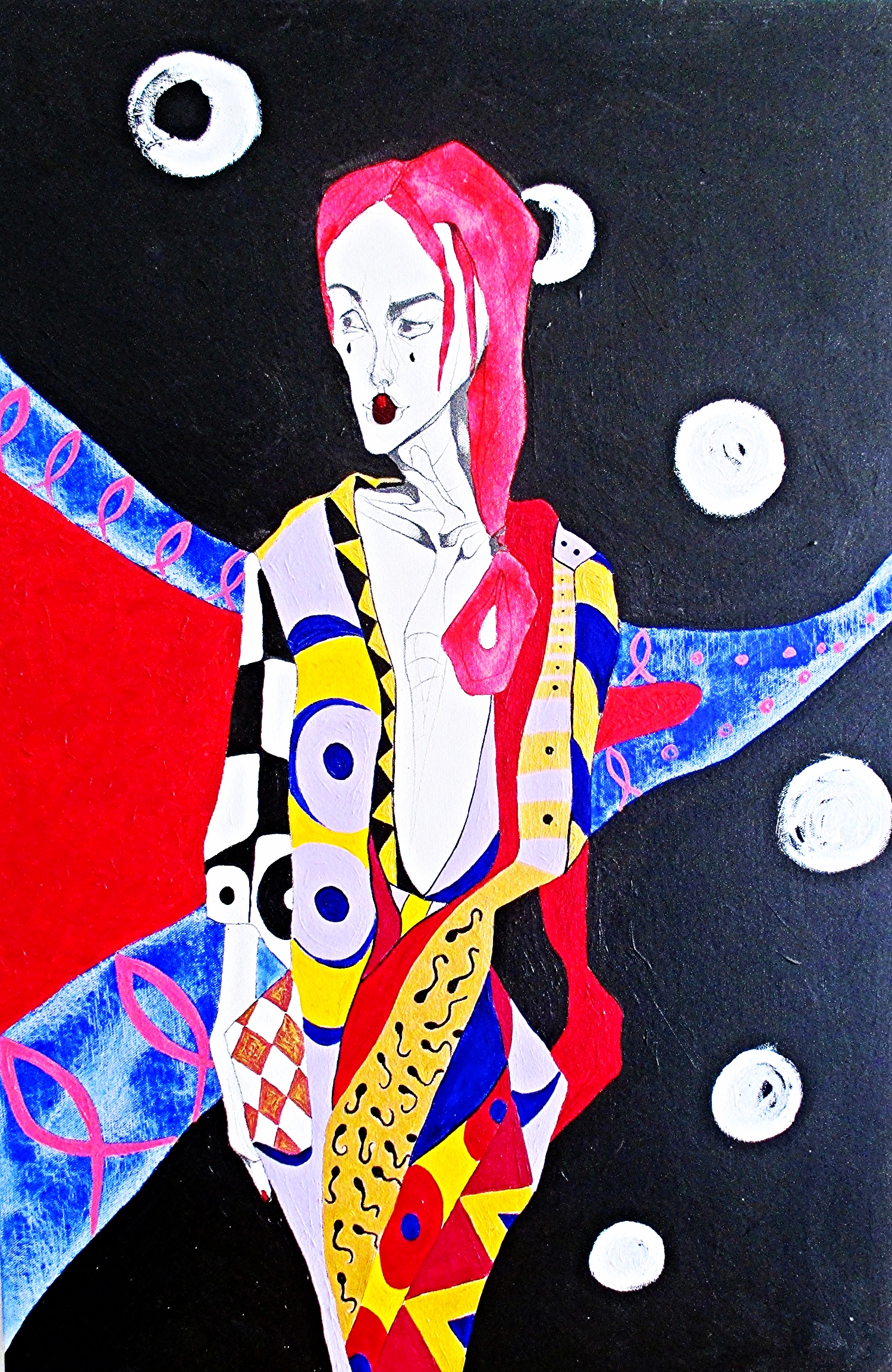 Fertile Fish in Sperm Kimono. Acrylic and graphite on canvas board 30inx20in (2015)