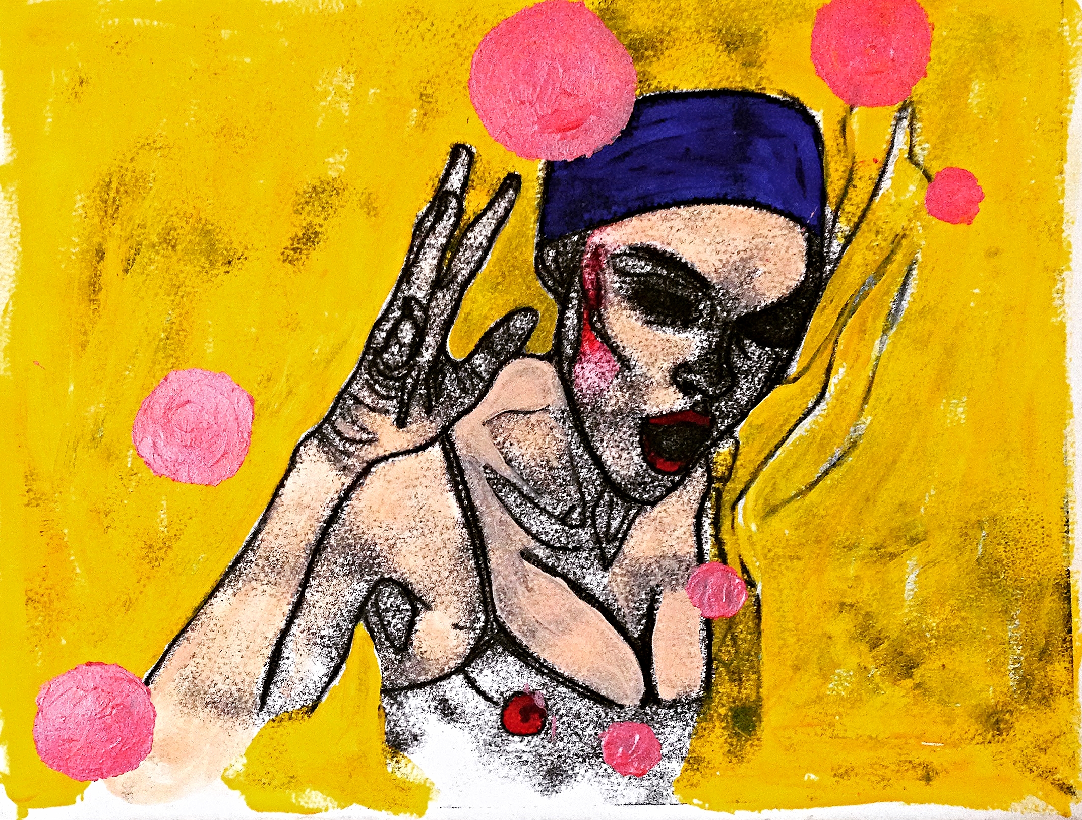Eggs and bacey! (2015) Monoprint on Somerset 250GSM cream paper; Acrylic