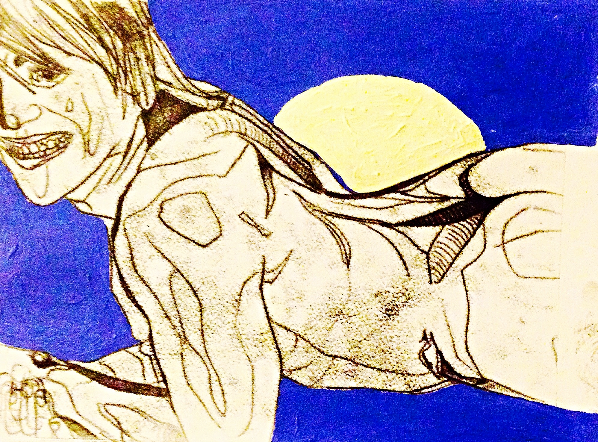 No to austerity, yes to Mykonos! (2015) monoprint on Somerset 250GSM cream paper; acrylic